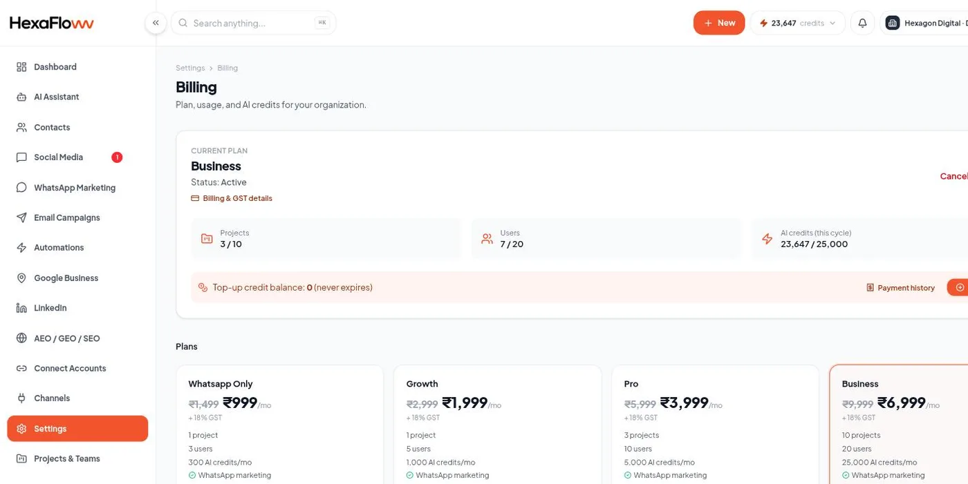 Billing page with plan, payment method, and invoices