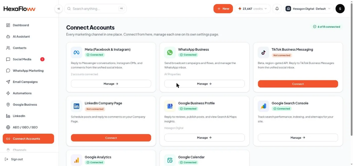 Connect Accounts hub showing a status card per channel