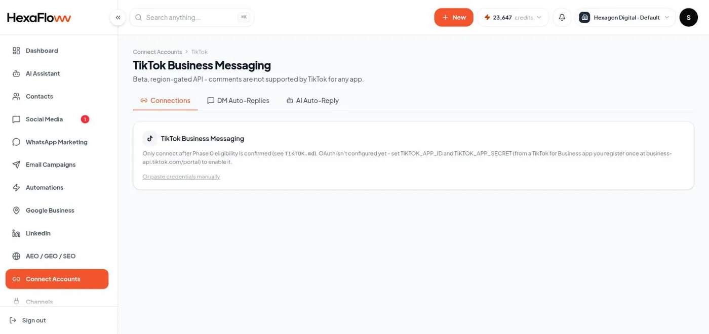TikTok connect page with the Connect via OAuth button